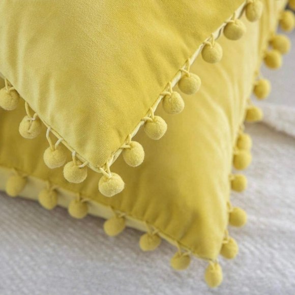 (Only Covers) Set of 2 Poms Poms Velvet Decorative Pillow Covers, Yellow - Picture 2 of 2